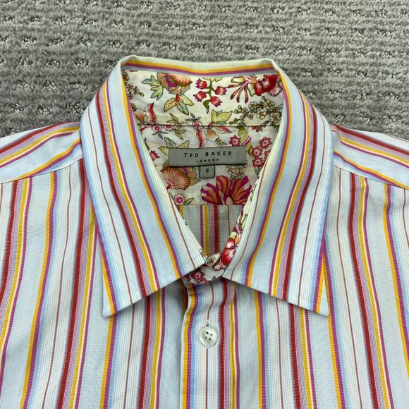 Ted Baker London Shirt Women Size 5 White Pink Orange Stripe Button Up Loose Fit - Picture 3 of 10